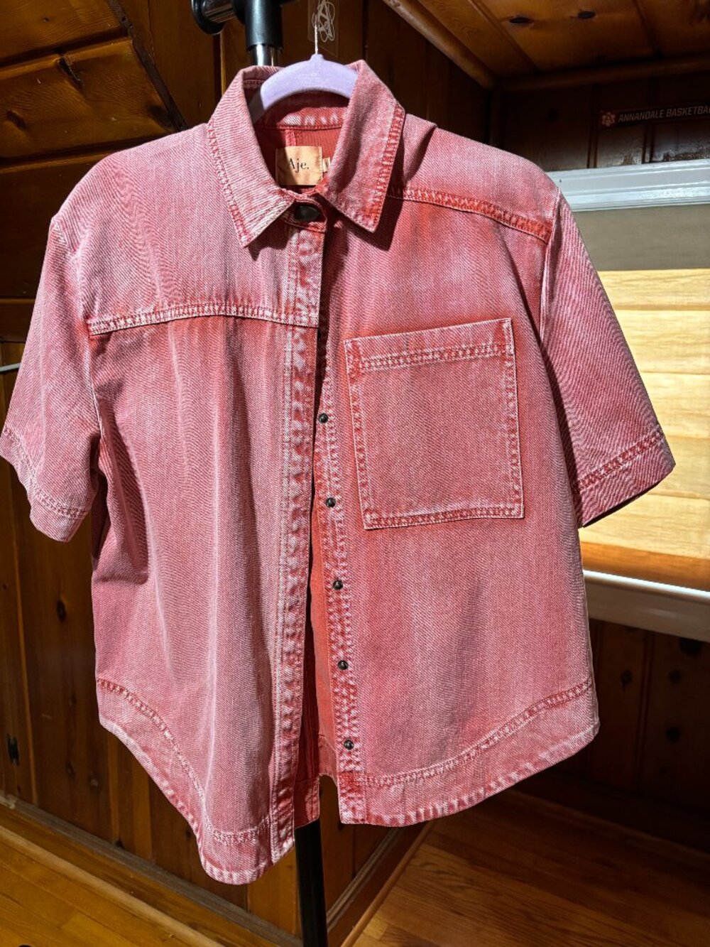Aje Button Front Denim Shirt in Red, Size Medium